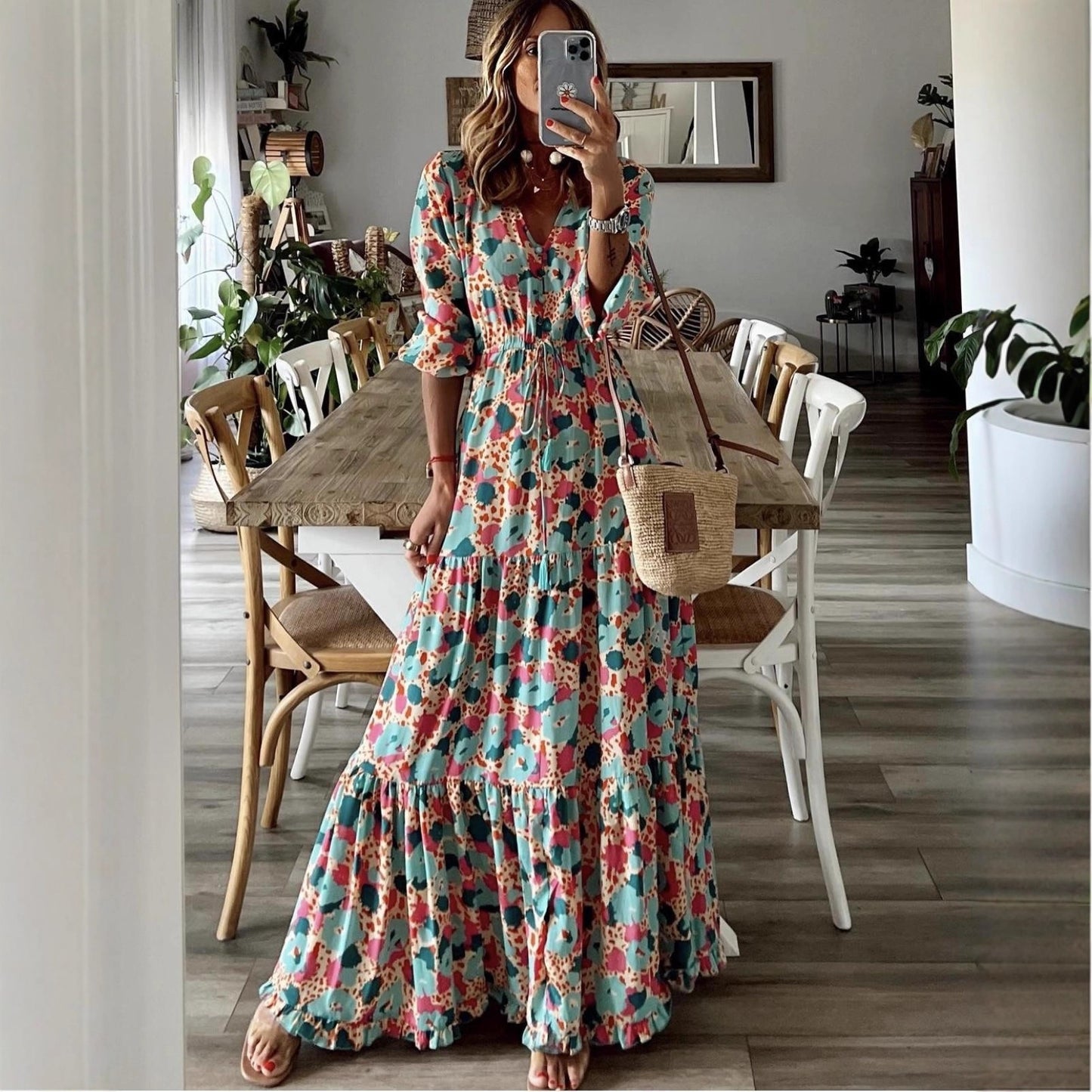 Women's Spring Elegant Bohemian Printed Large Swing Dress