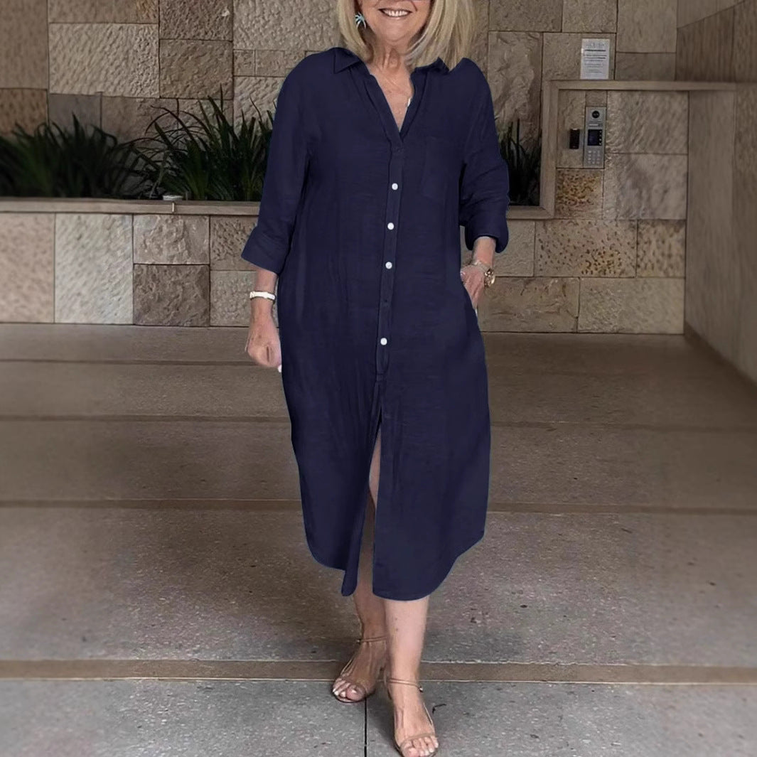 Women's Pocket Casual Polo Collar Single-breasted Cotton Dress