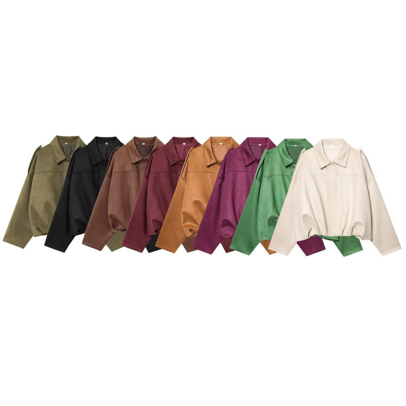 Women's Batwing Sleeve Loose Suede Texture Bomber Jackets