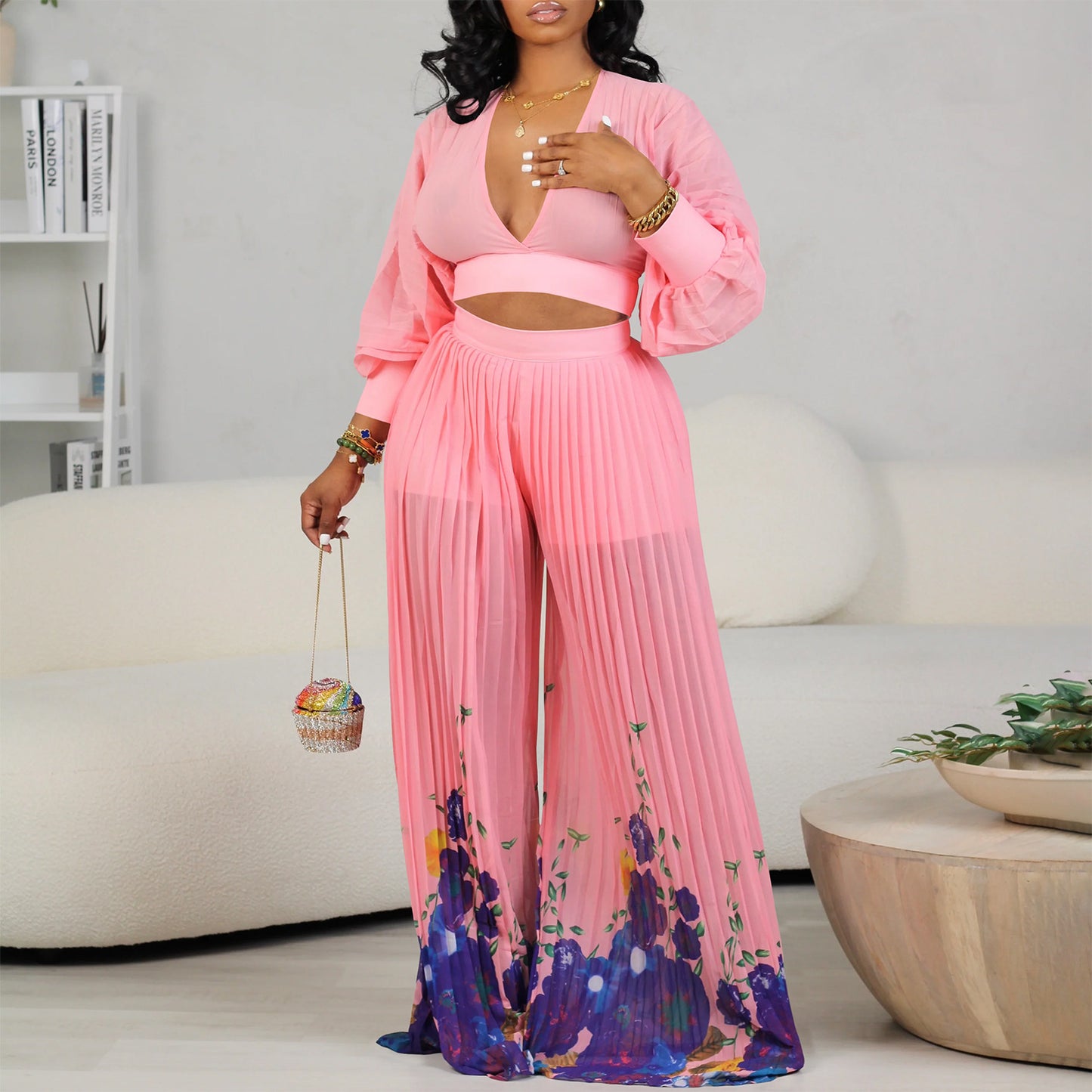 Pretty Chiffon Bishop Sleeves Pleated Two-piece Fashion Casual Suit