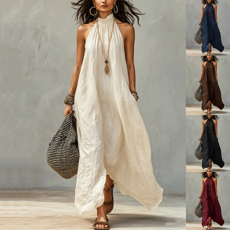 Women's Style Halter Long Backless Wrinkle Loose Dress
