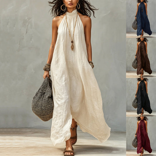 Women's Style Halter Long Backless Wrinkle Loose Dress
