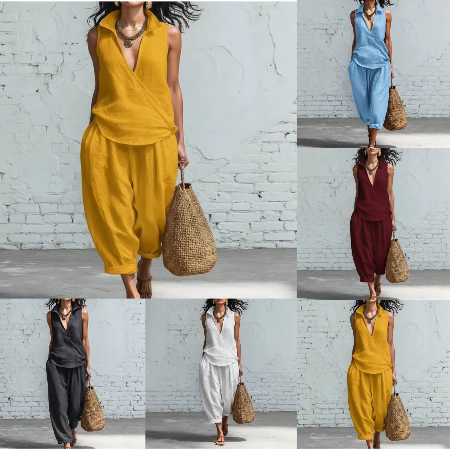 Women's Simple Lapel Shirt Wide Leg Linen Two-piece Fashion Casual Suit
