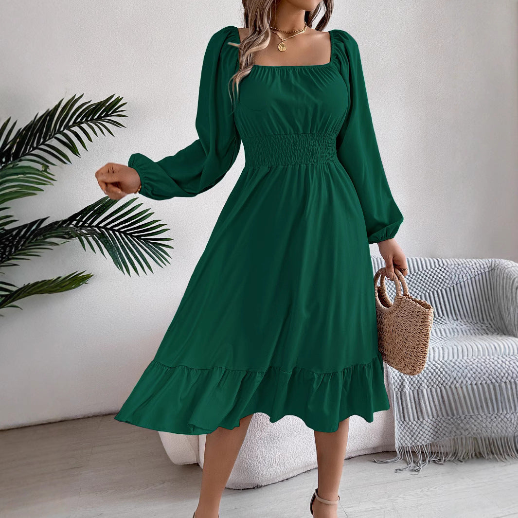 Women's Color Square Collar Long Sleeve Waist Trimming Clothing