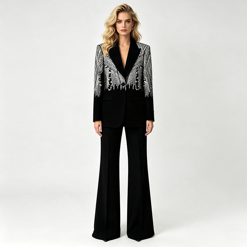 Nail Pearl Embroidery Sequins Two-piece Set Pants