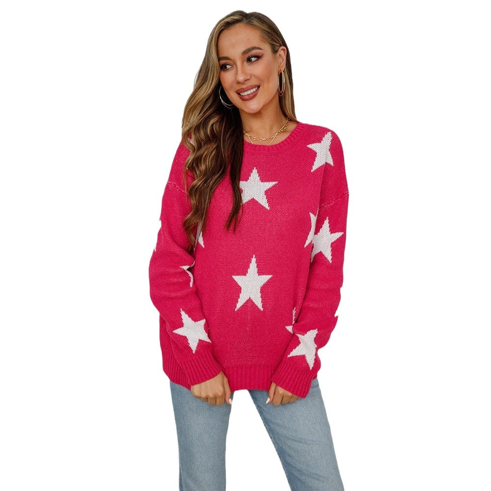 Women's Spring Pullover Round Neck Oversized Knit Print Five-pointed Knitwear