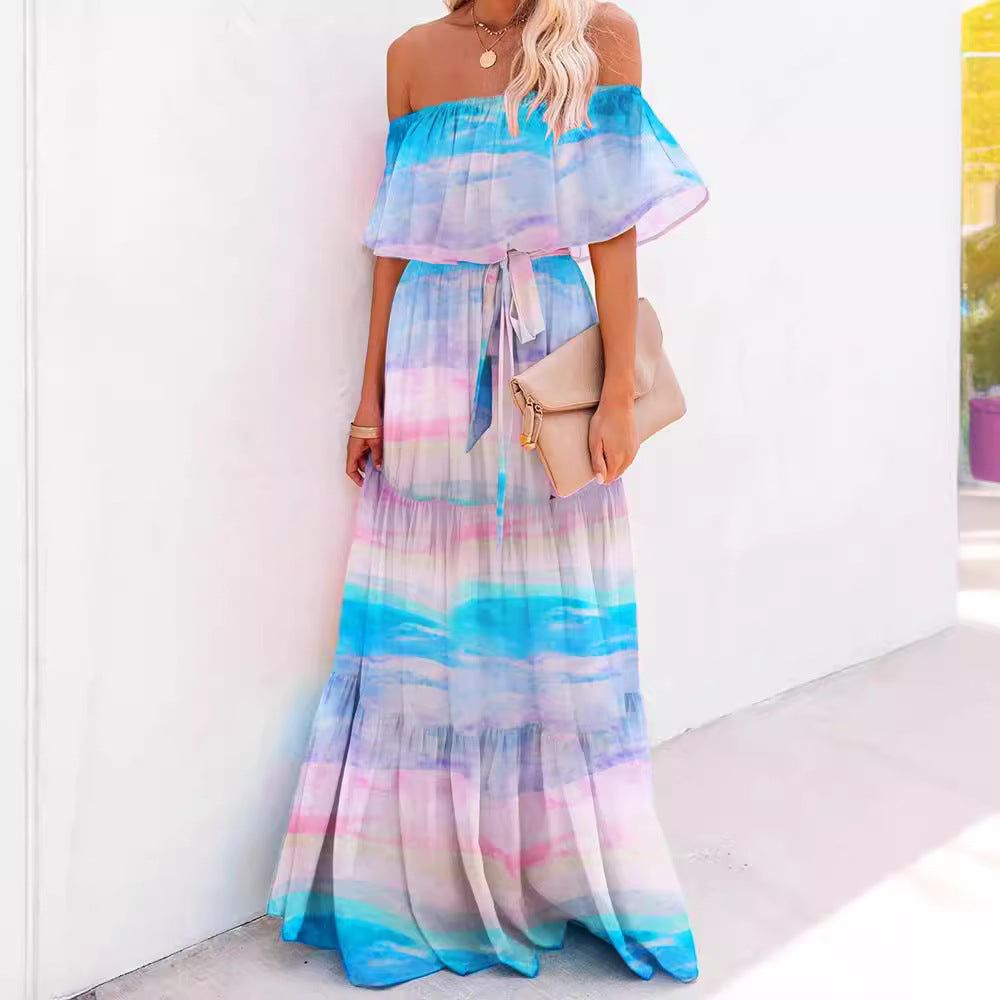 Women's Wrapped Chest Print Gradient Color Large Dresses