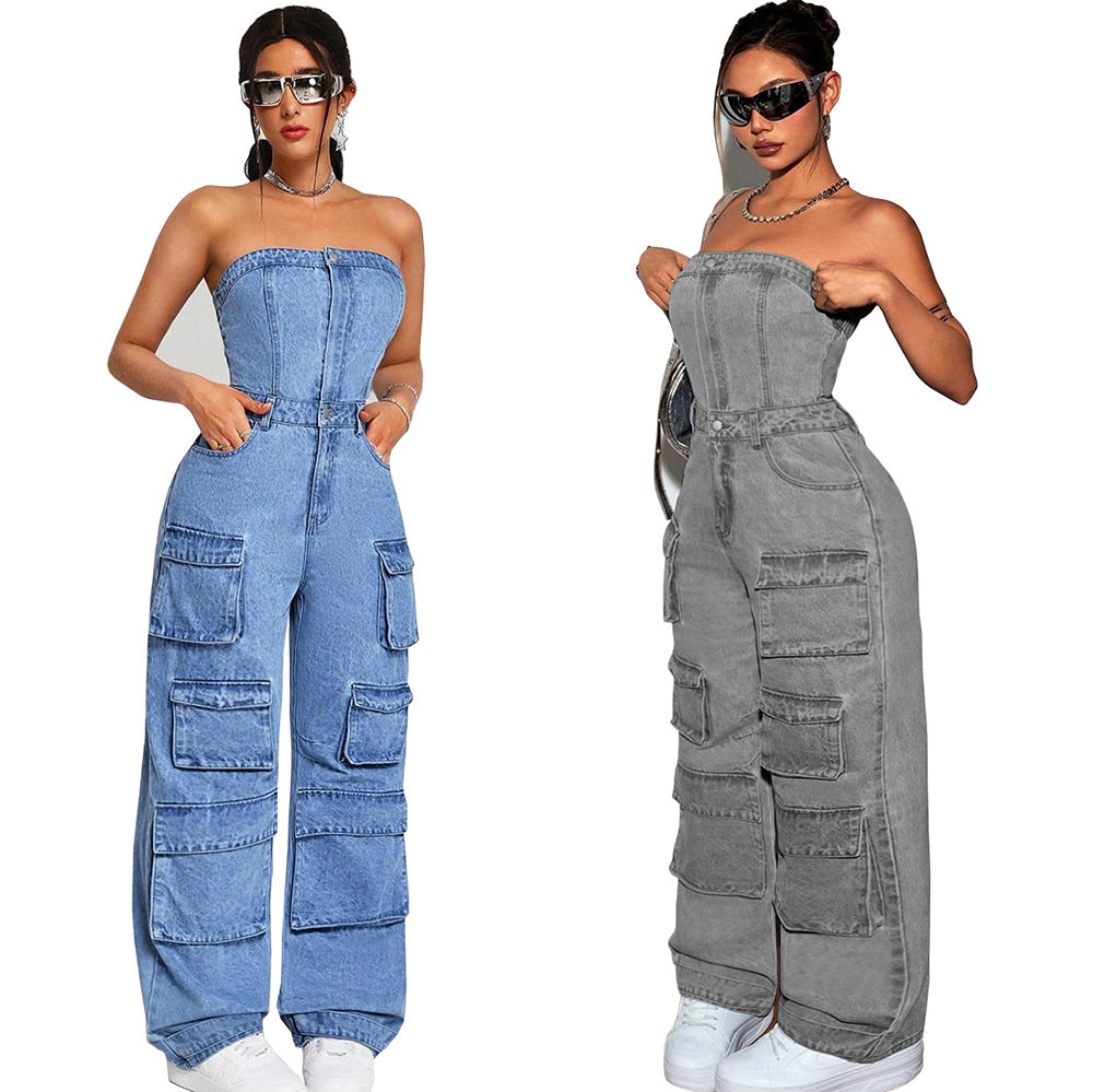 Women's Denim Fashion Hot Tube Cargo Jumpsuits