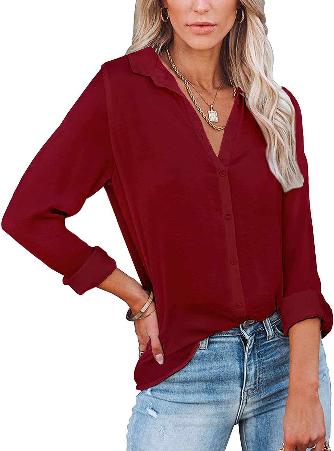 Women's Shirt Long Sleeve Solid Color Polo Blouses