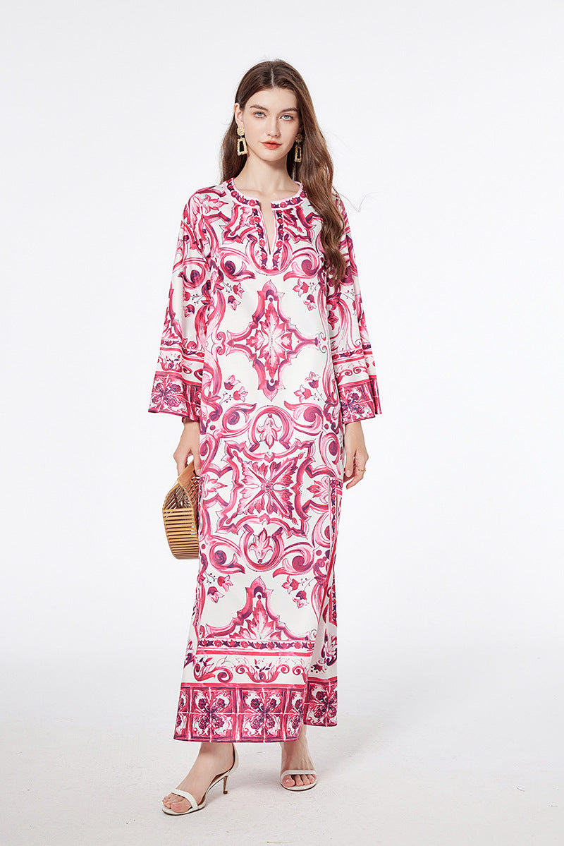 Women's Printed National Style Dress Summer Round Neck Wide Hem Dresses