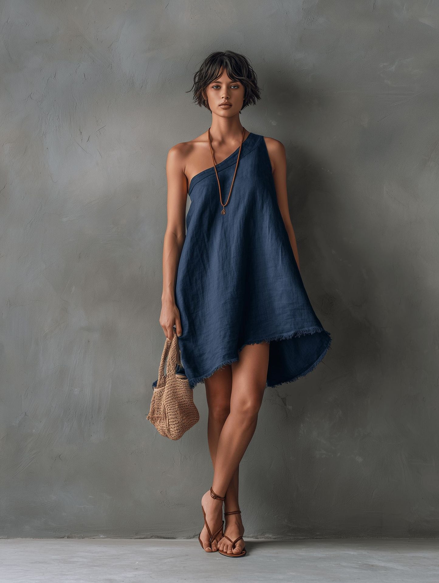 Women's Minimalist Linen Blend Shoulder Sleeveless Frayed Dress