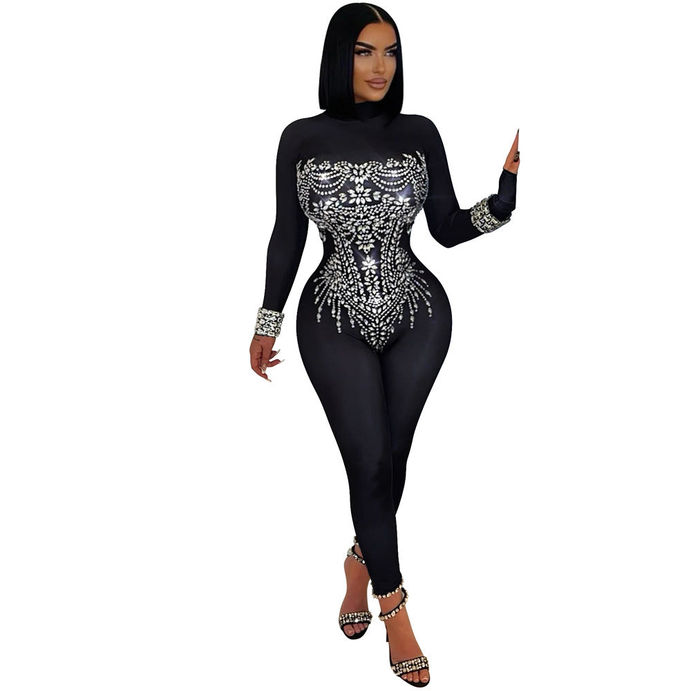 Women's Long Sleeve Rhinestone Tight Nightclub Fashion Jumpsuits