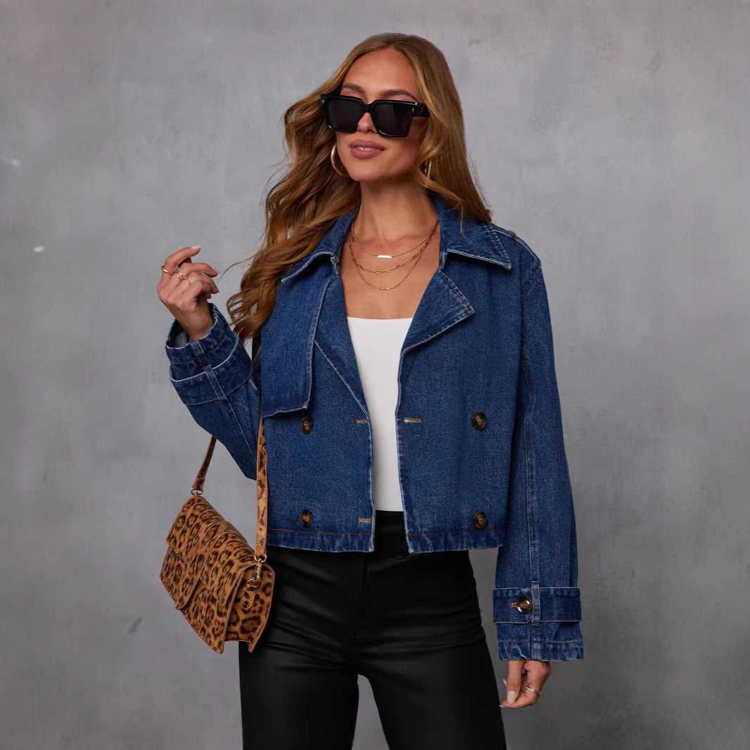 Women's Collar Solid Color Denim Double Breasted Jackets