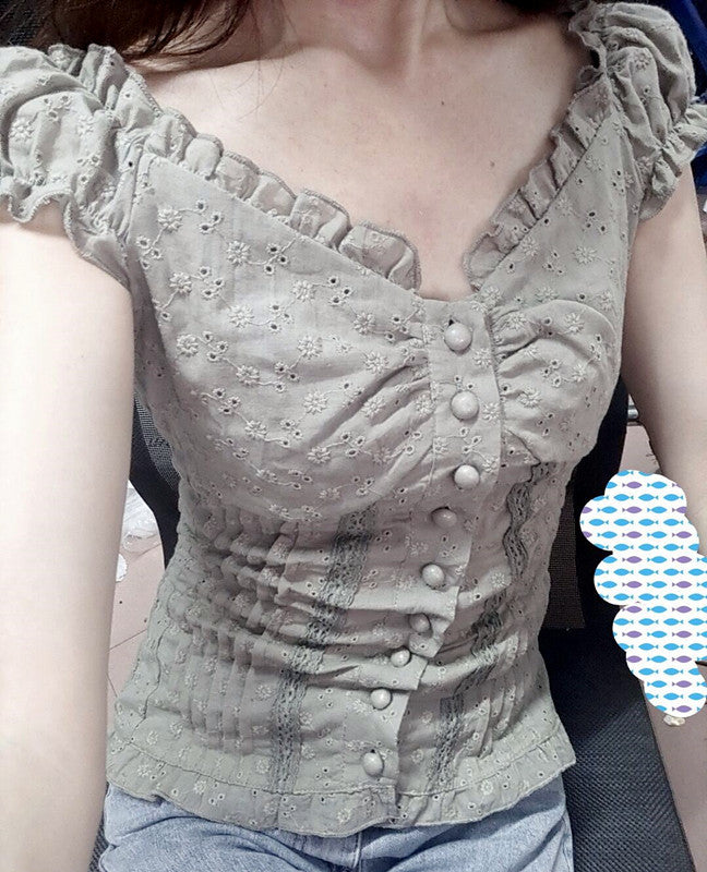Pleated Hanging Shoulder Button Folding Lace Blouses