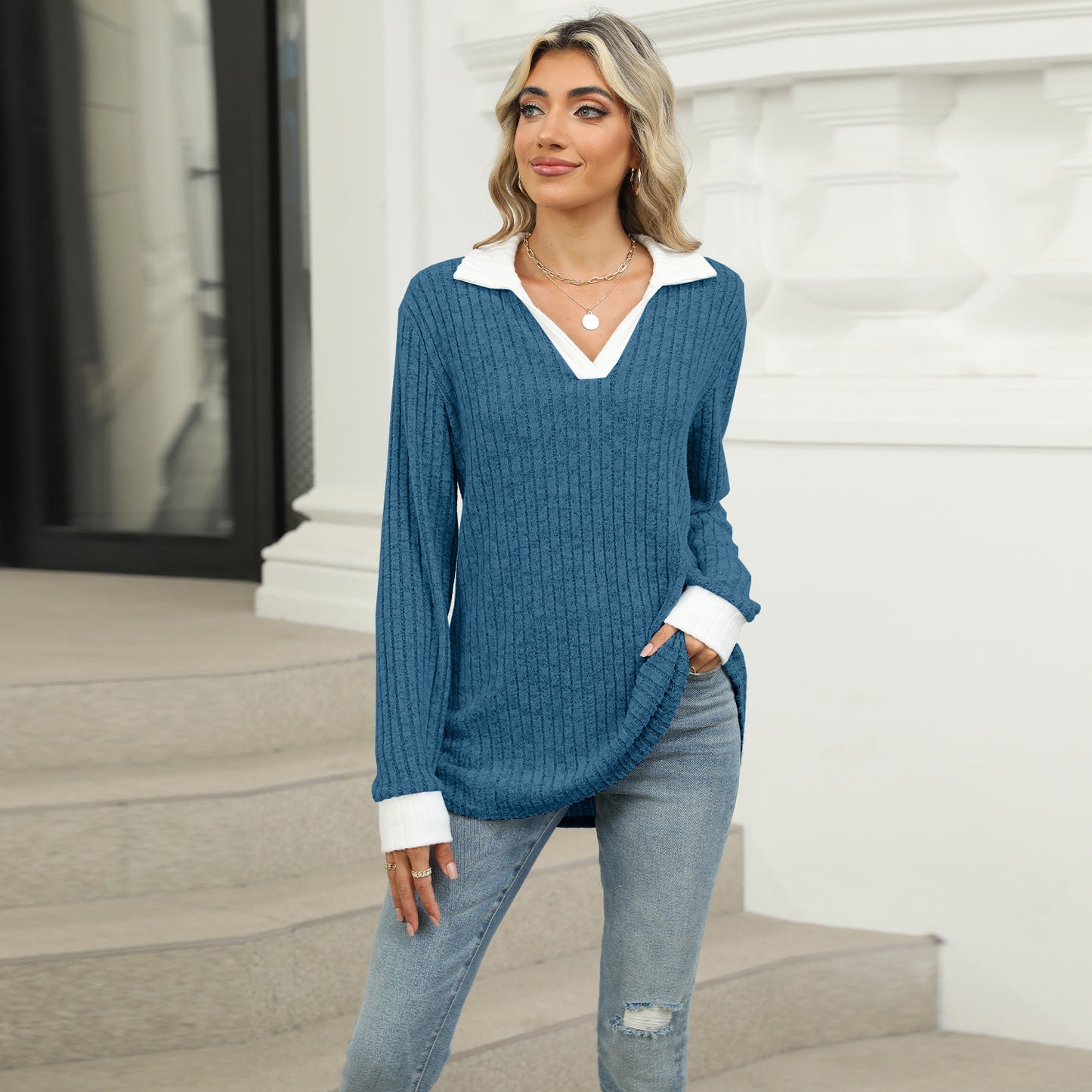 Women's Contrast Color Lapels Long Sleeve Loose-fitting Blouses