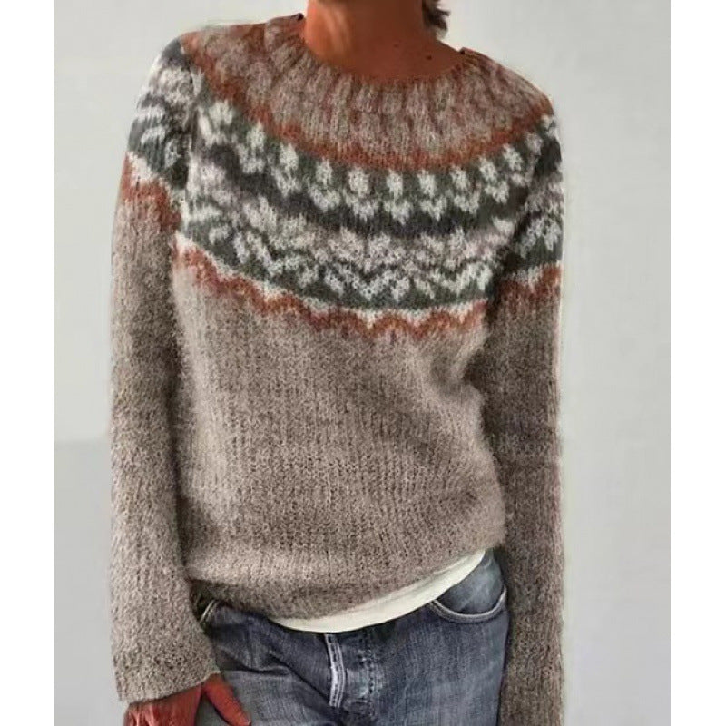 Women's Tibetan Wolf Round Neck Loose Fashion Pullover Color Matching Dark Sweaters