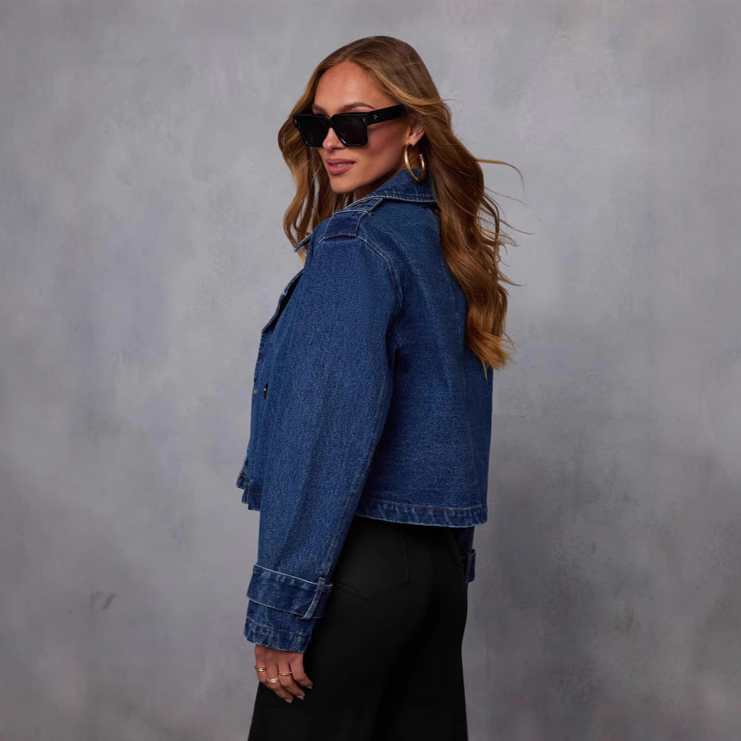 Women's Collar Solid Color Denim Double Breasted Jackets