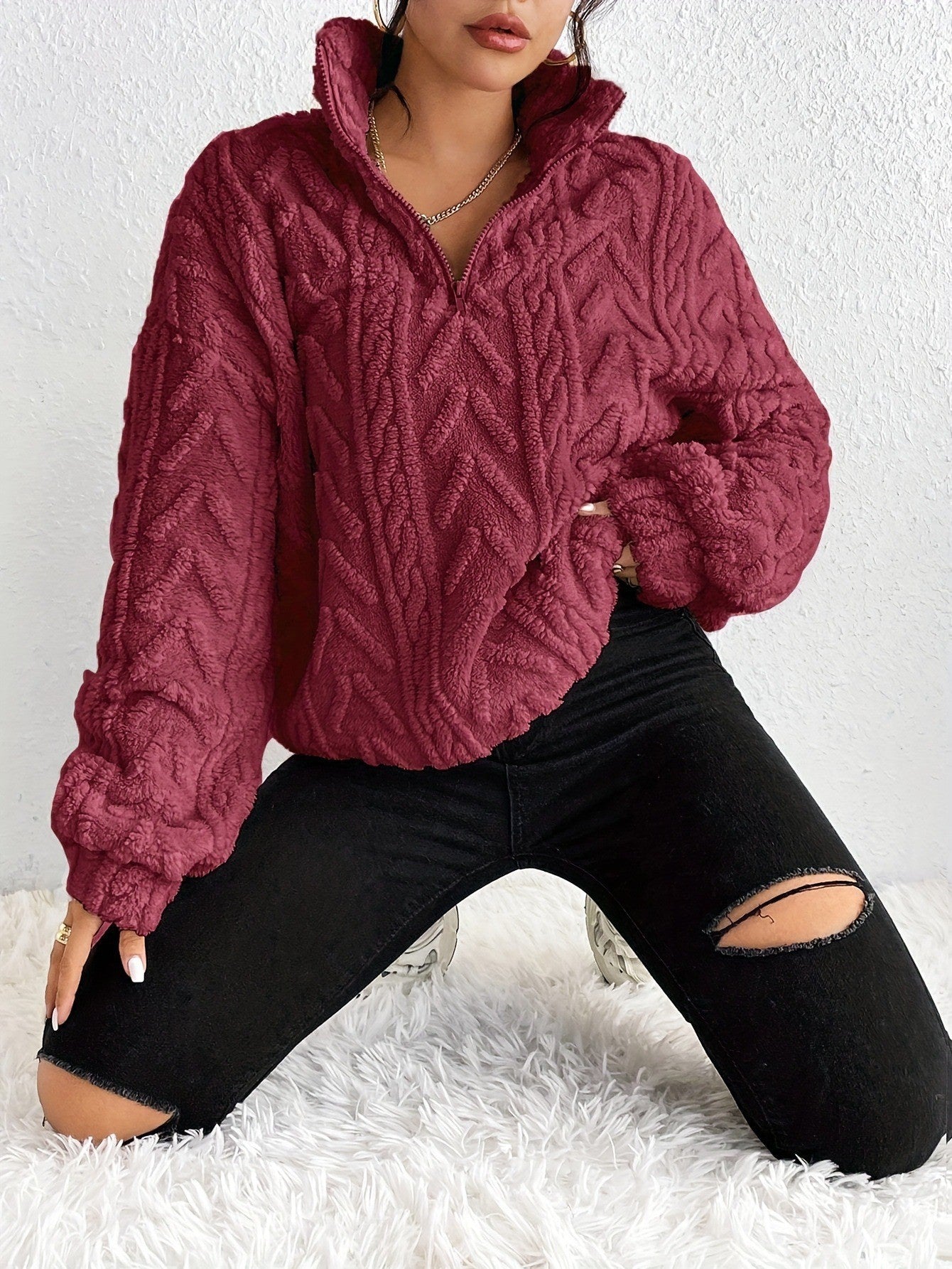 Women's Double-sided Plush Art Casual Zipper Pullover Women's Sweater, Sweater