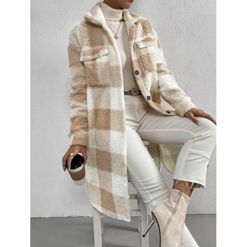 Women's Button Lapel Plush Plaid Loose Temperament Coats