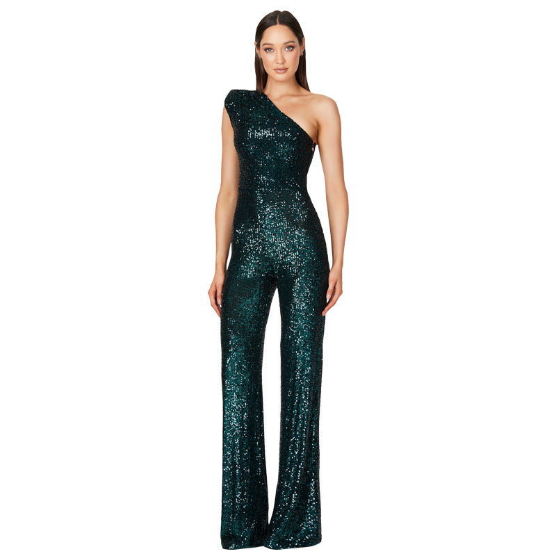 Women's Fashion Sleeveless One Shoulder Backless Sequined Jumpsuits