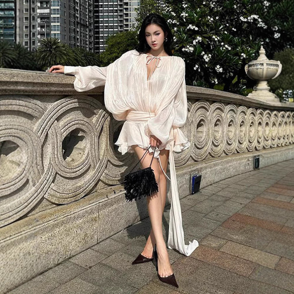 Women's Spring Idle Style Mesh Puff Sleeve Pleated Ruffled Dresses