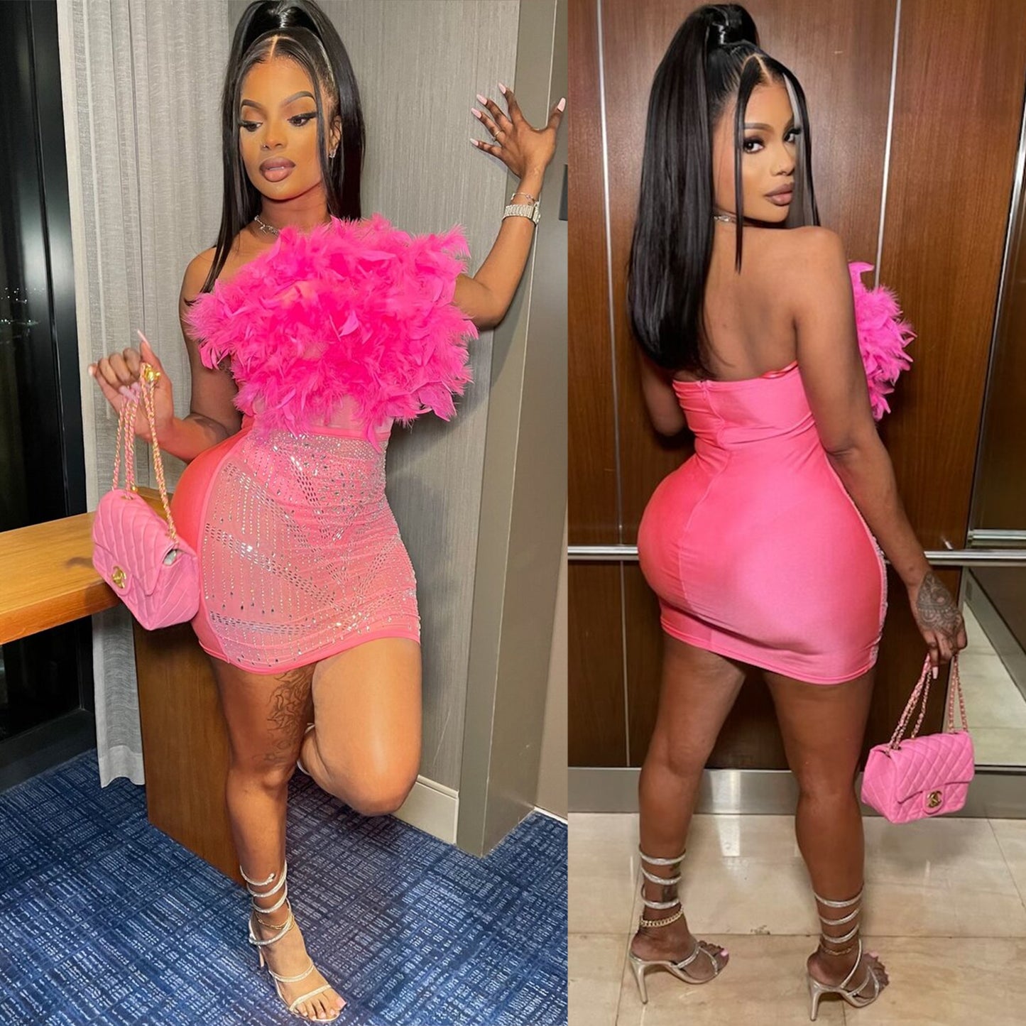 Women's Summer Sexy Feather Mesh Hot Drilling Dresses