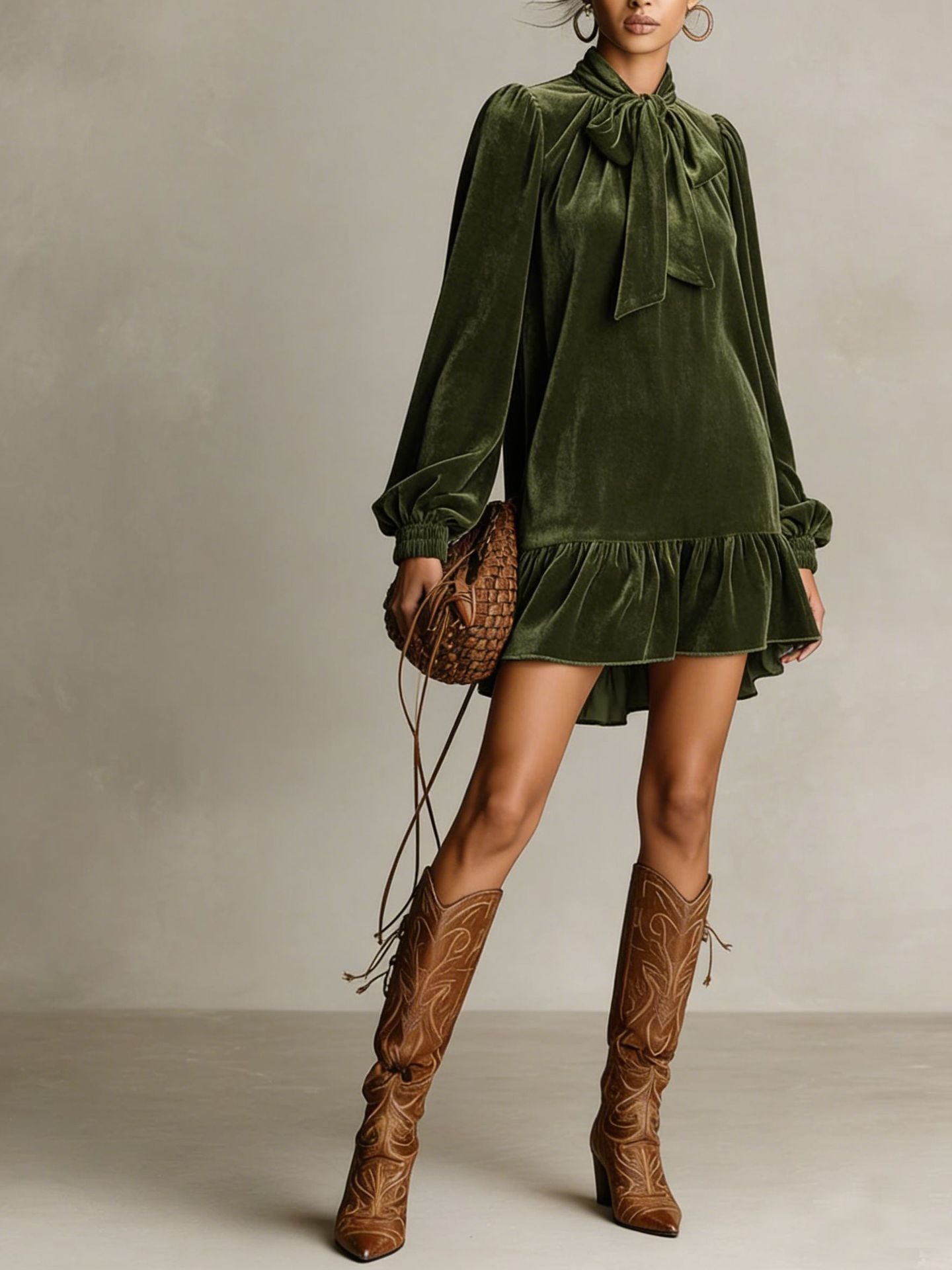 Women's Loose Lantern Sleeve Bow Pure Color Dress
