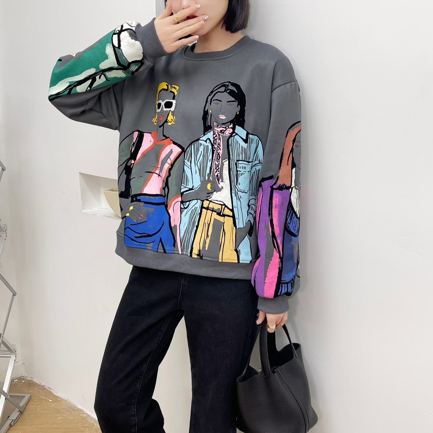 Women's Fleece-lined Hooded Round Neck Loose Printed Tops