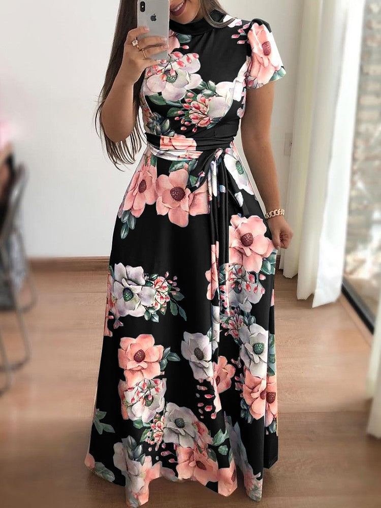 Women's Autumn Flower Print Sleeve Large Swing Dress