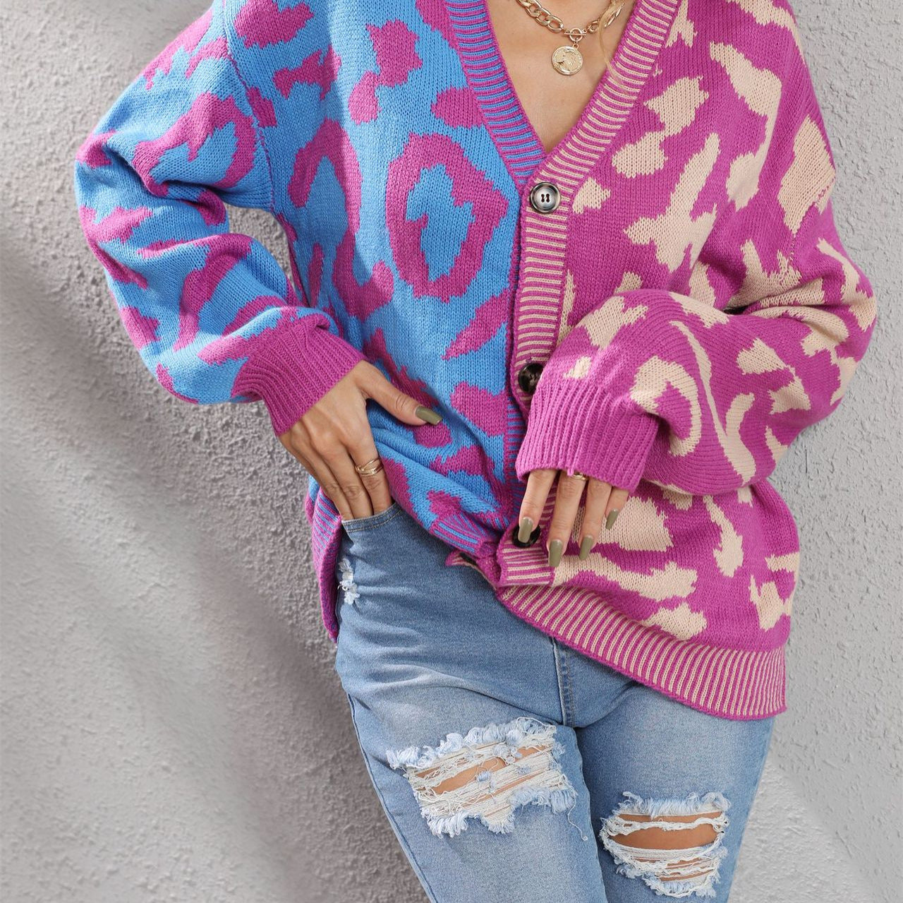 Graceful Comfortable Winter Leopard Splicing Button Women's Sweater