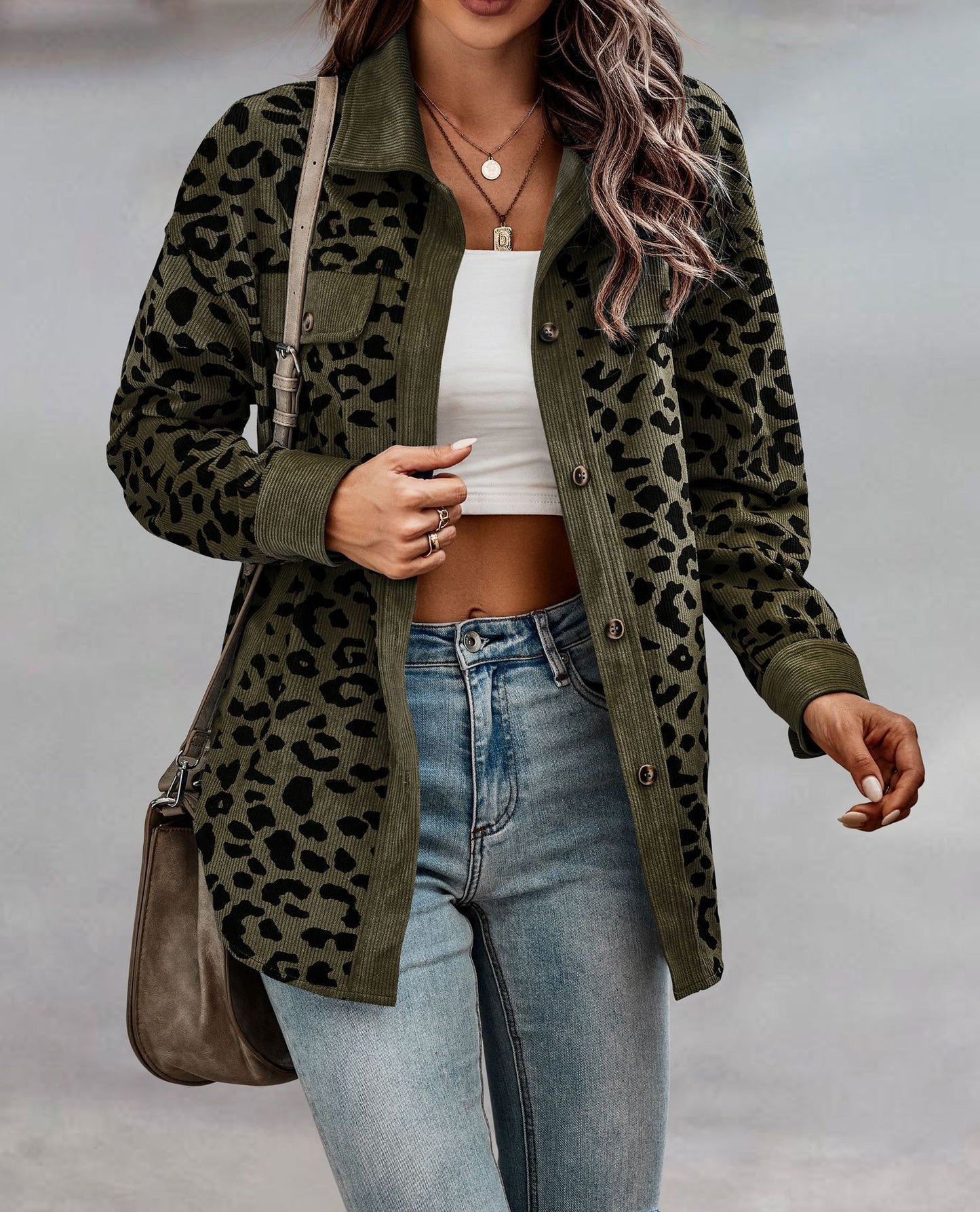 Women's Fashion Leopard Print Button Long Sleeve Coats