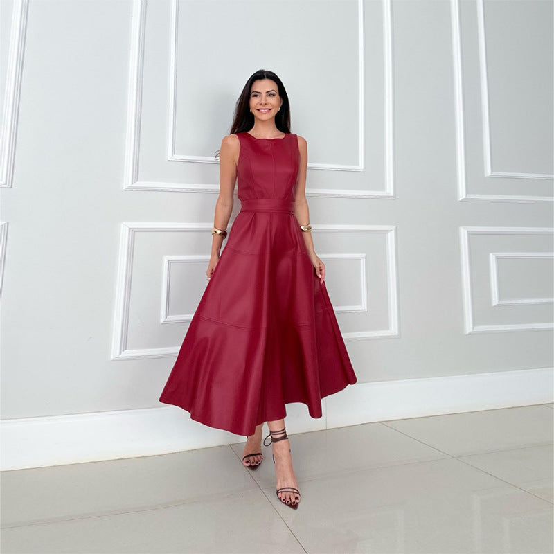 Spring Sleeveless Leather Elegant Waist Solid Dresses