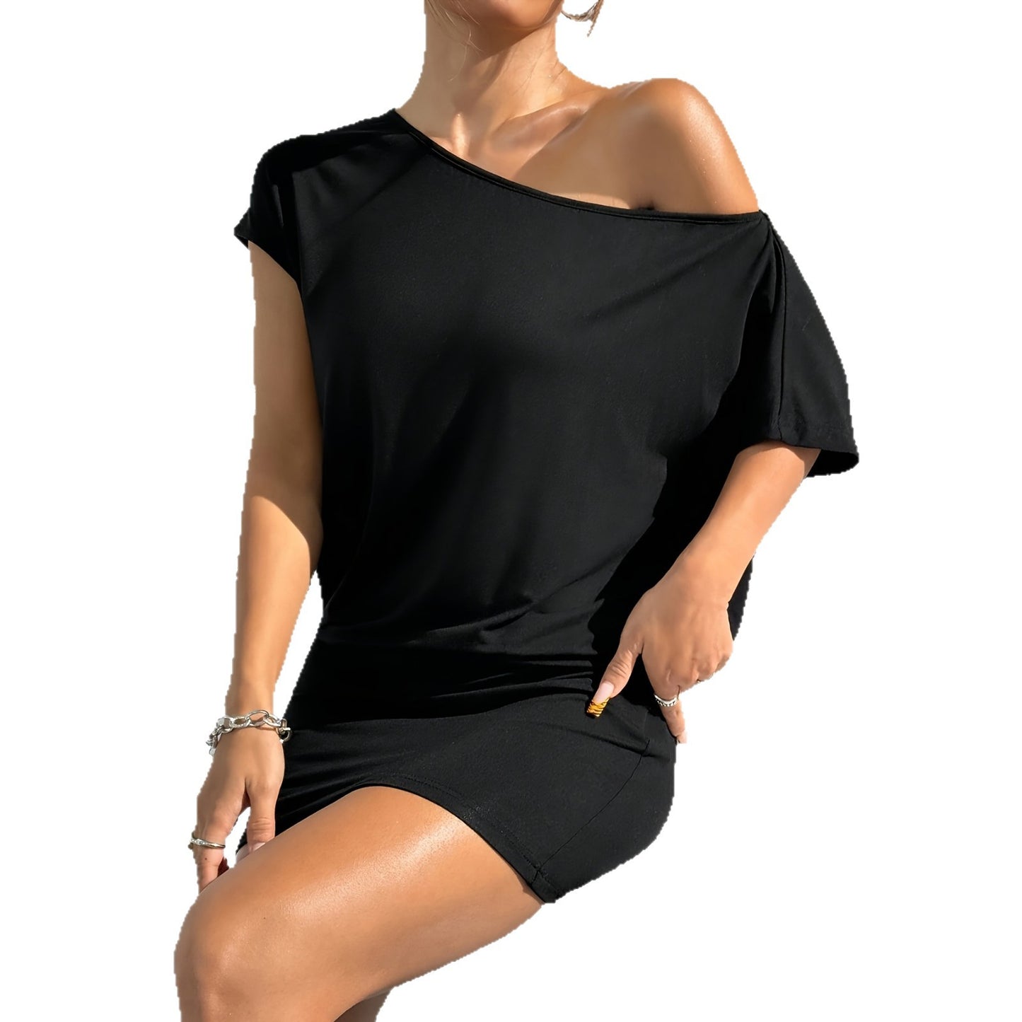 Women's Summer Solid Color Asymmetric Collar Short-sleeved Casual T-shirt Slim Slimming Dress