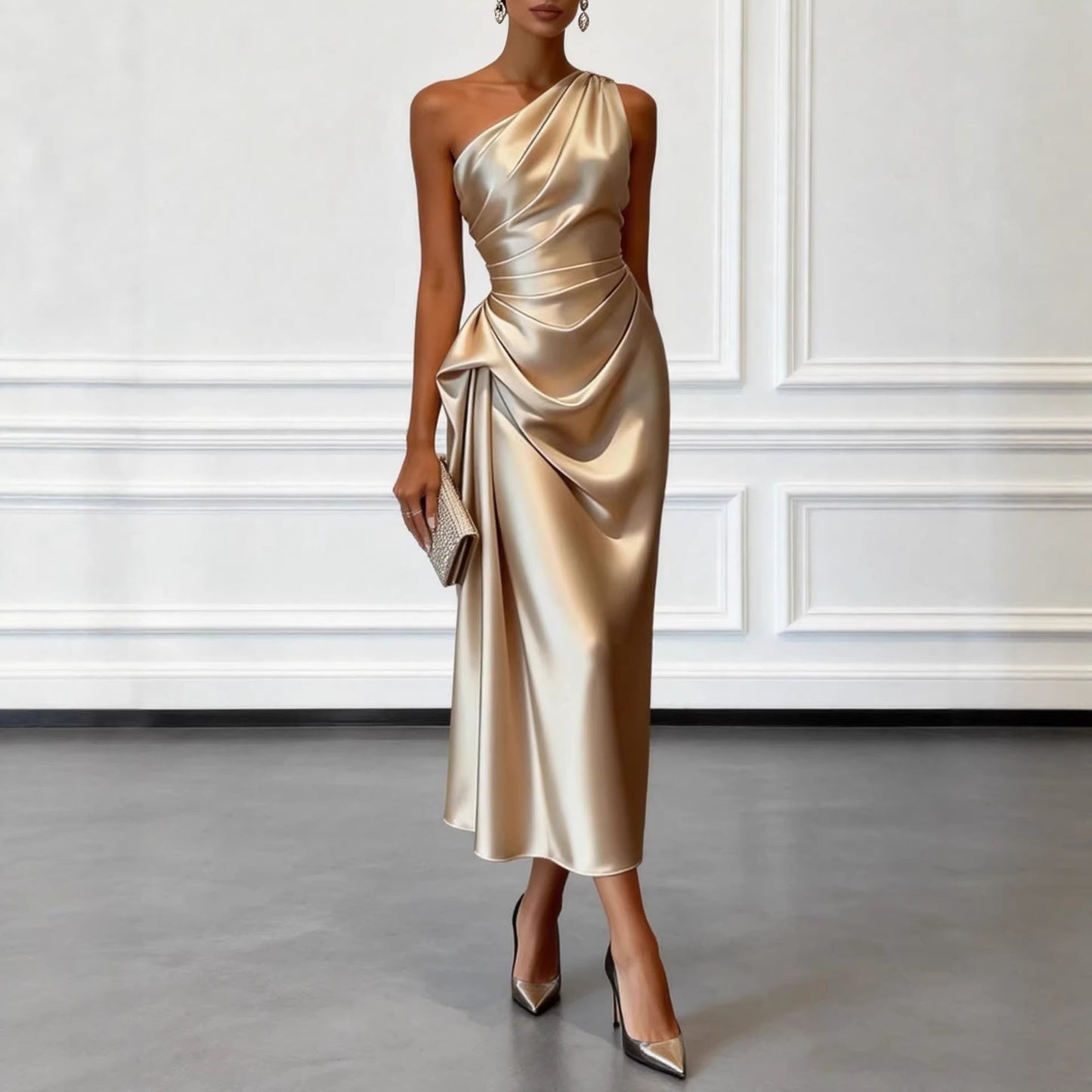 Women's Outer High-grade Satin Pleated Waist Tight Shoulder Dress