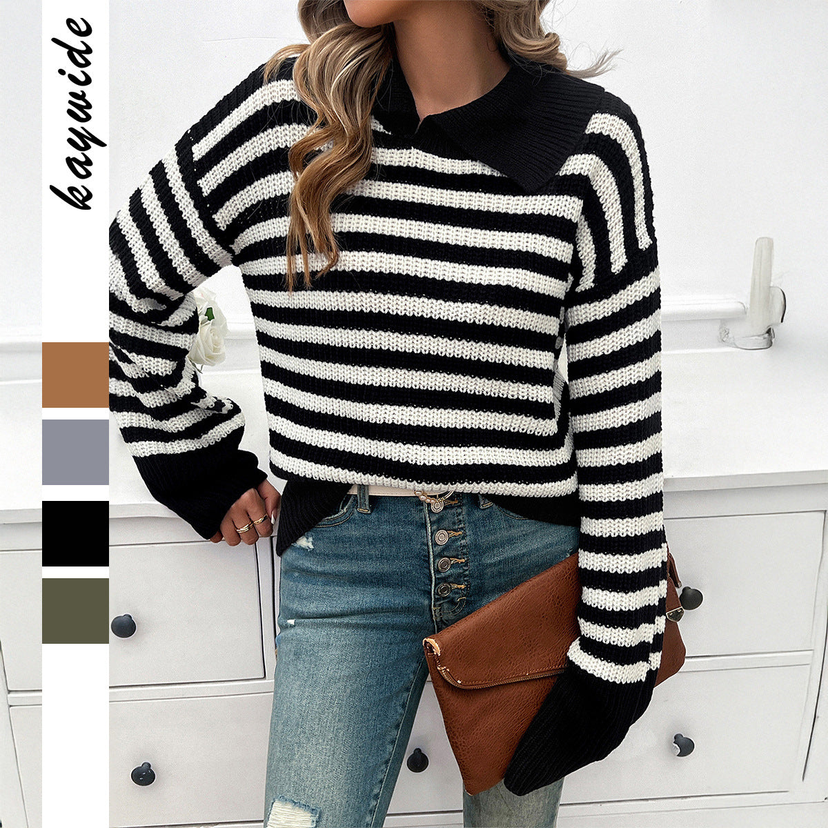 Women's Casual Simple Style Striped Lapel Sweaters