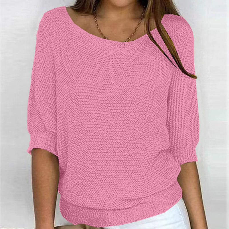 Women's Color Round Neck Commuter Elegant Cropped Sleeves For Air Conditioned Women's Sweater