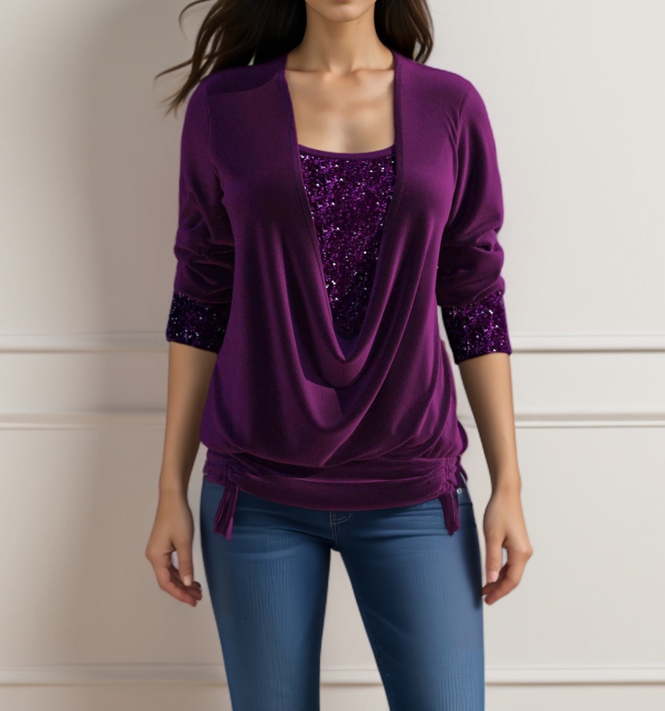 Women's Sequin Long Sleeve Large Drop Collar Clothing