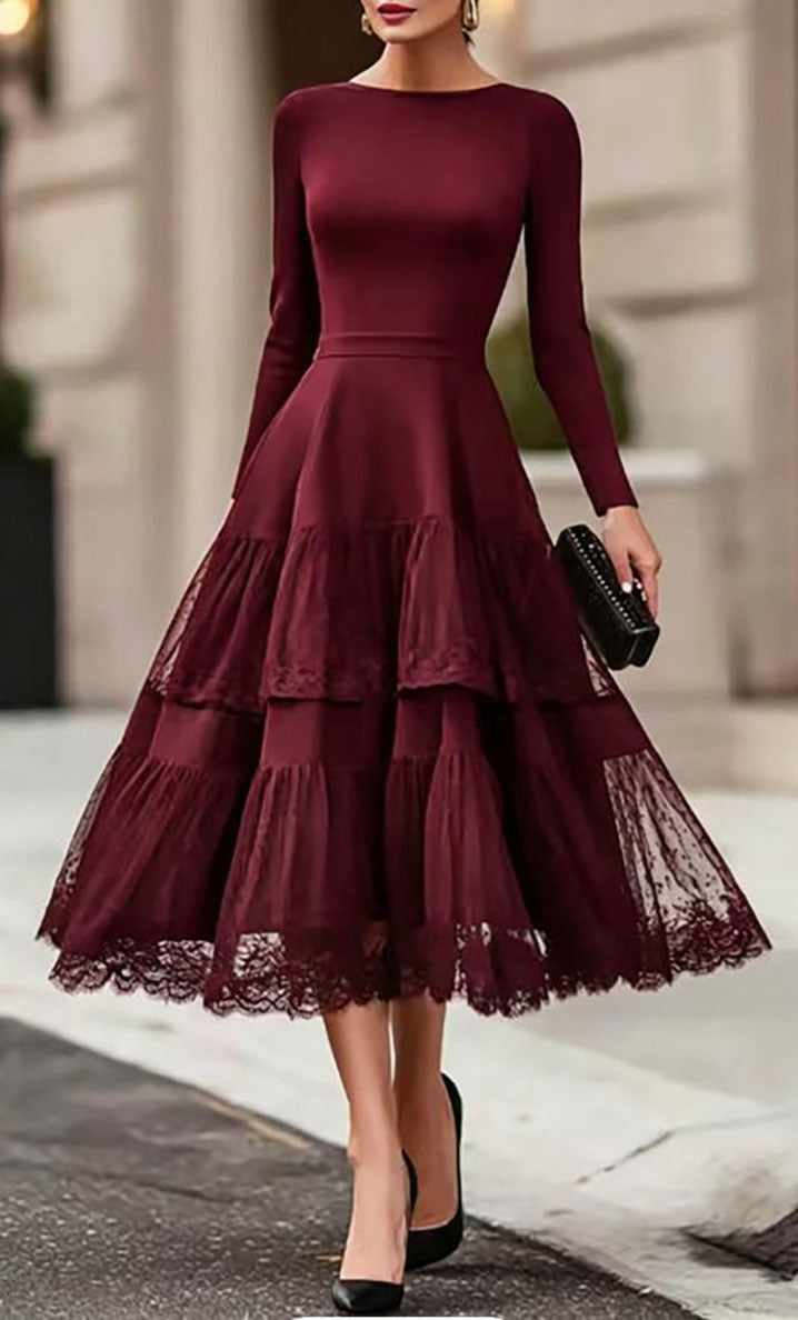 Women's French Style Elegant Hepburn Long Sleeve Mesh Stitching High-grade Dress