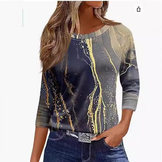 Women's Printed Solid Color Three-quarter Length Sleeve Blouses