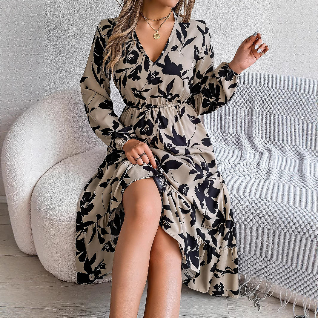 Women's Casual Flower Long Sleeves Ruffles Dress