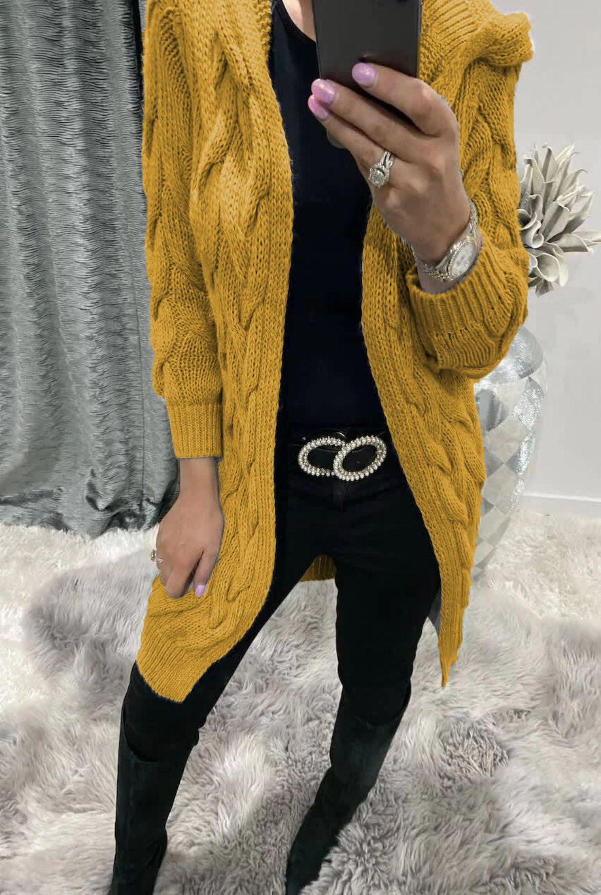 Women's Long Hooded Knit Twisted Sleeve Solid Knitwear