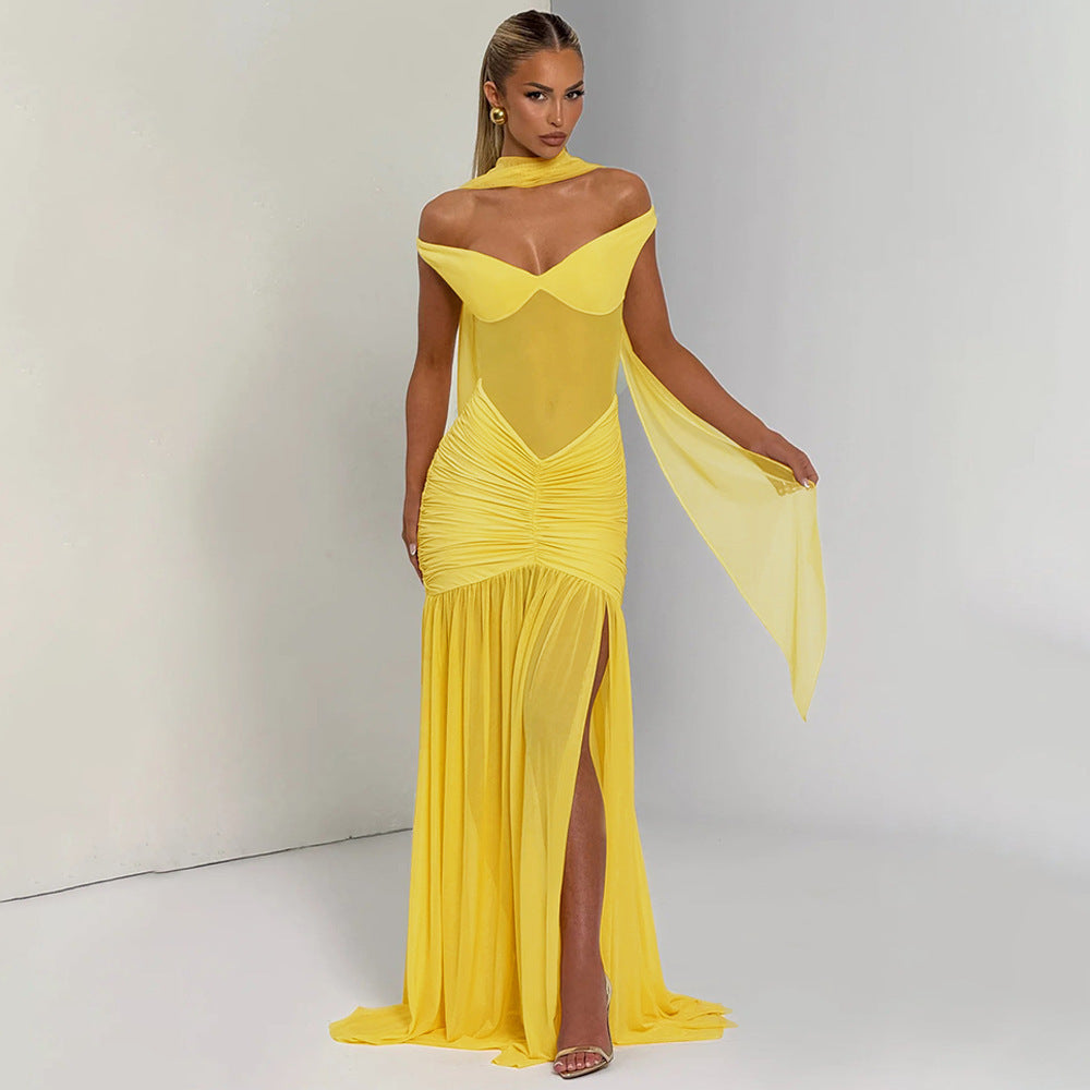 Women's Solid Color Sexy Mesh Stitching Pleated High Slit Dress