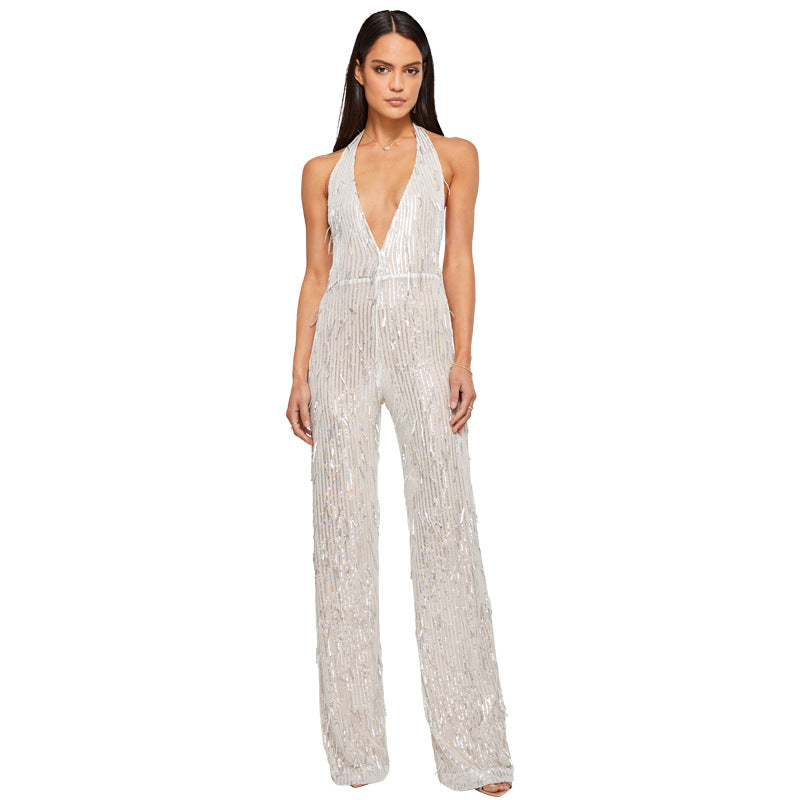 Women's Deep Backless Hot Sleeveless Tassel Halter Jumpsuits