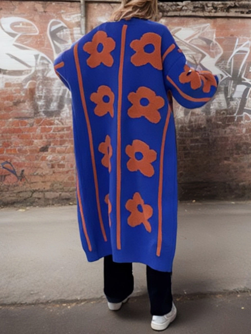 Women's Large Flower Jacquard Knitted Long Single-breasted Knitwear