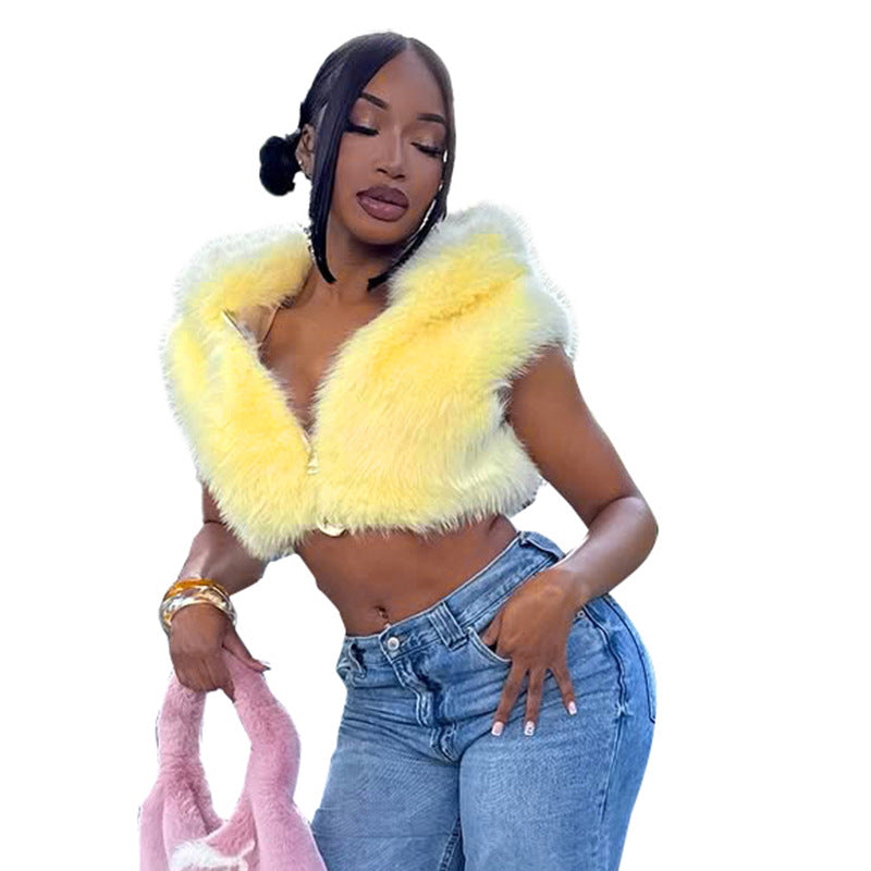 Women's Fashion Solid Color Fur Zipper Hooded Tops