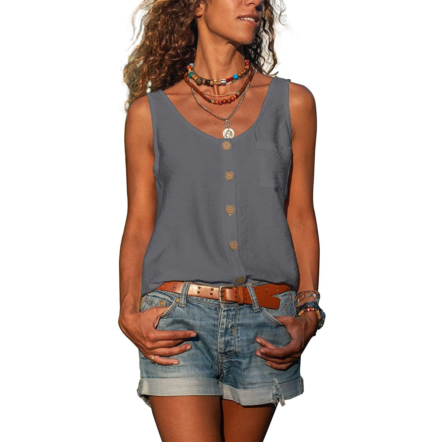 Women's Summer Solid Color Button Shirt Sleeveless Blouses