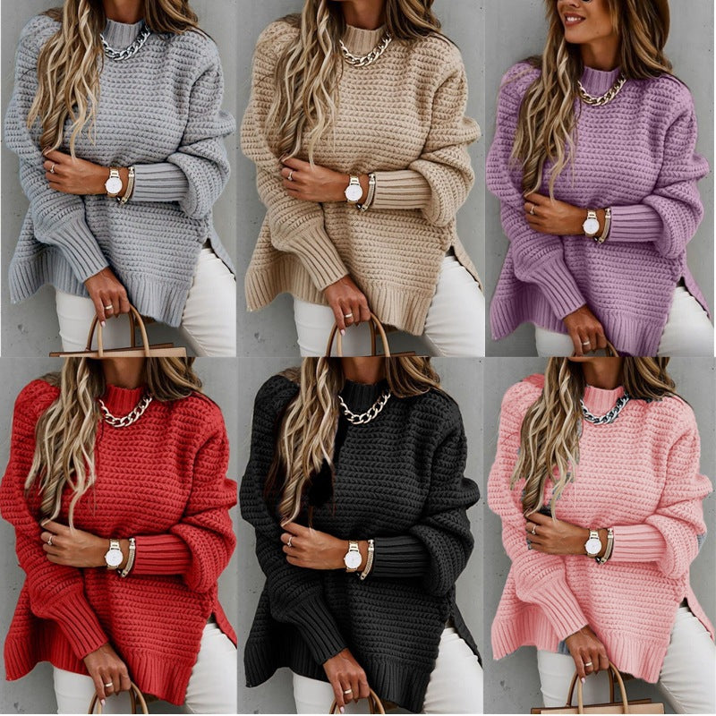Women's Turtleneck Loose-fitting Solid Color Long Sleeves Side Slit Knitted Sweater