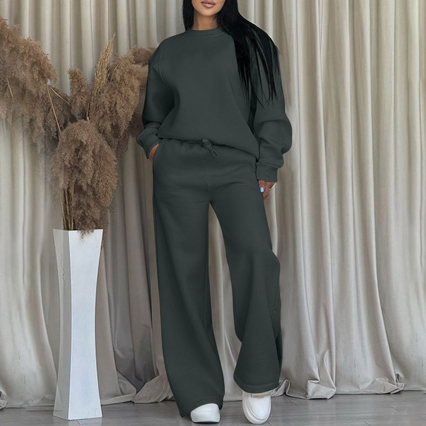 Women's Two-piece Set Long Sleeve Ribbed Patchwork Wide Leg Fashion Casual Suit