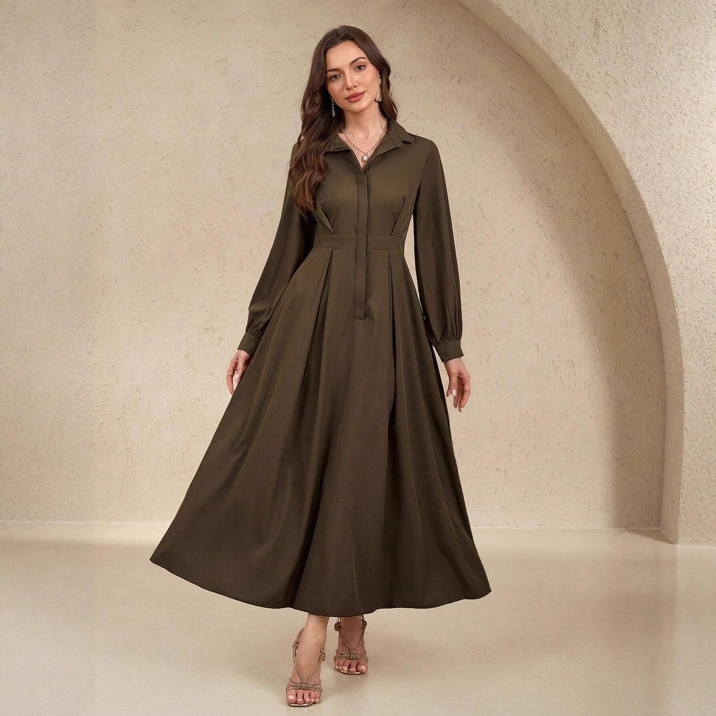 Women's Collar Slimming Solid Color A- Line Dress