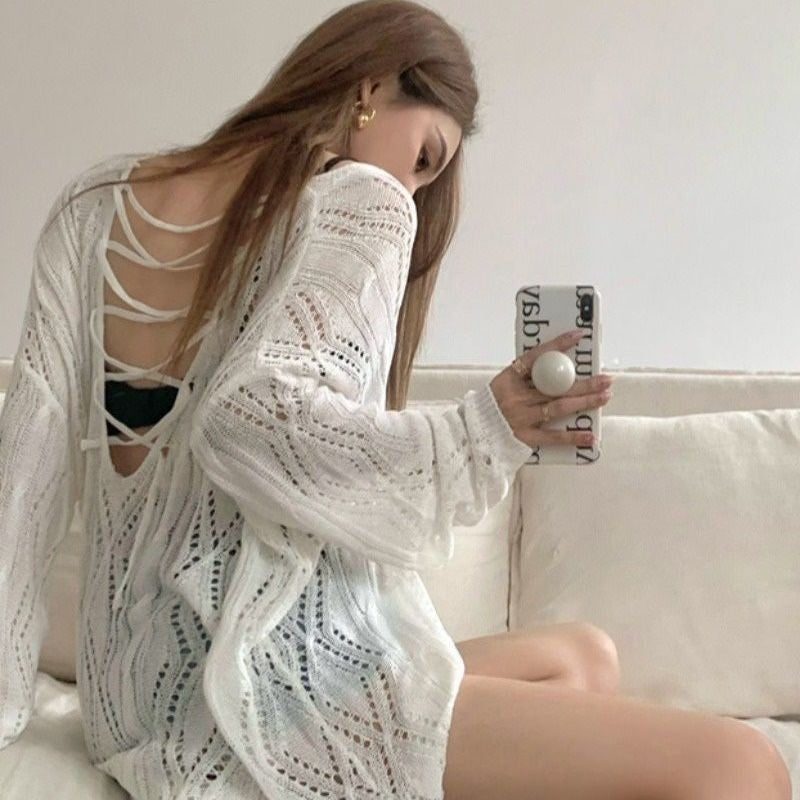 Women's Backless Knitted Long Sleeve Beach Sexy Style Tops